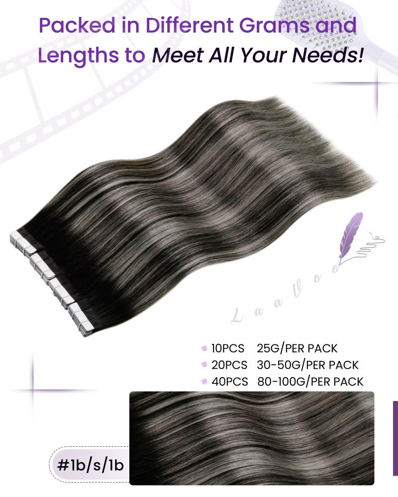 LaaVoo Tape in Hair Extensions Human Hair Balayage Tape in Human Hair Extensions Ombre Off Black to Silver Grey Hair Extension Tape on Soft Hair 22inch 20pcs 50g - Image 3