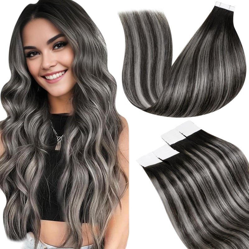 LaaVoo Tape in Hair Extensions Human Hair Balayage Tape in Human Hair Extensions Ombre Off Black to Silver Grey Hair Extension Tape on Soft Hair 22inch 20pcs 50g - Image 1