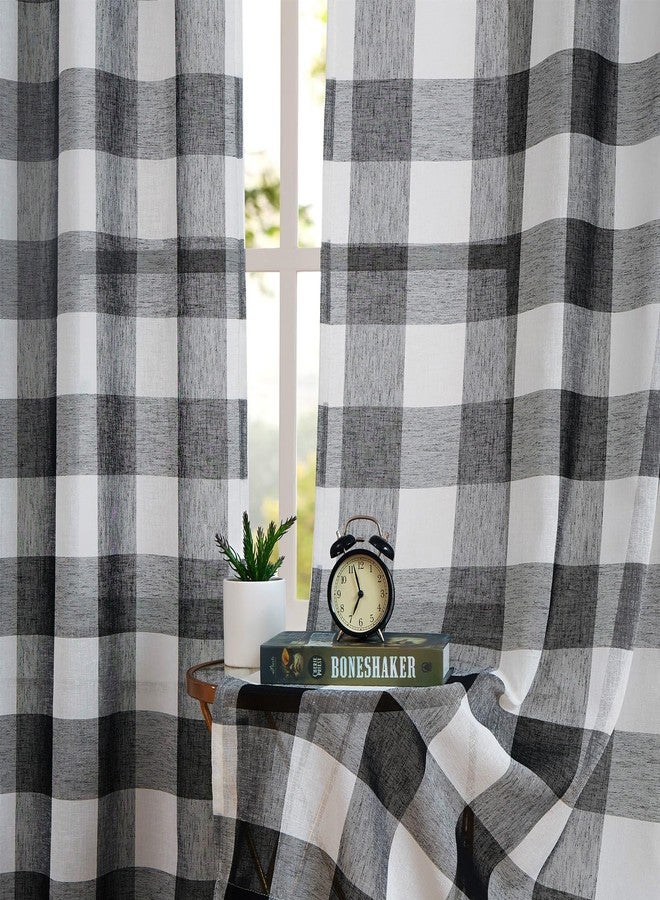 Amzdecor ستائر Amzdecor بنقشة مربعات الجاموس السوداء، 63 بوصة، ألواح شفافة من الكتان المحكم، بنقشة مربعات الجاموس، جيب للعمود، طقم ستائر ريفية لغرفة المعيشة وغرفة النوم، قطعتان، 40 × 63 بوصة، أسود/أبيض - Image 2