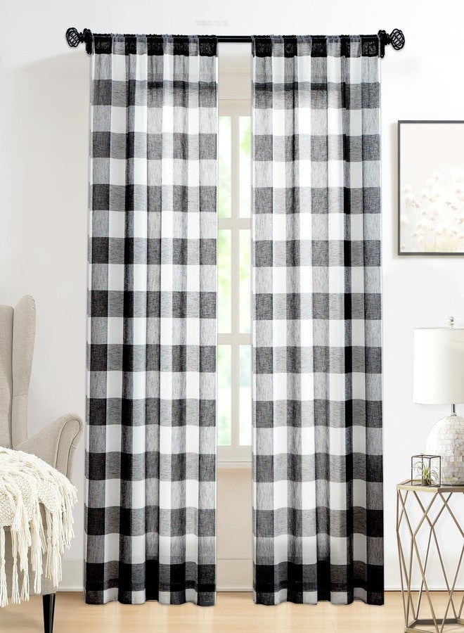 Amzdecor ستائر Amzdecor بنقشة مربعات الجاموس السوداء، 63 بوصة، ألواح شفافة من الكتان المحكم، بنقشة مربعات الجاموس، جيب للعمود، طقم ستائر ريفية لغرفة المعيشة وغرفة النوم، قطعتان، 40 × 63 بوصة، أسود/أبيض - Image 1