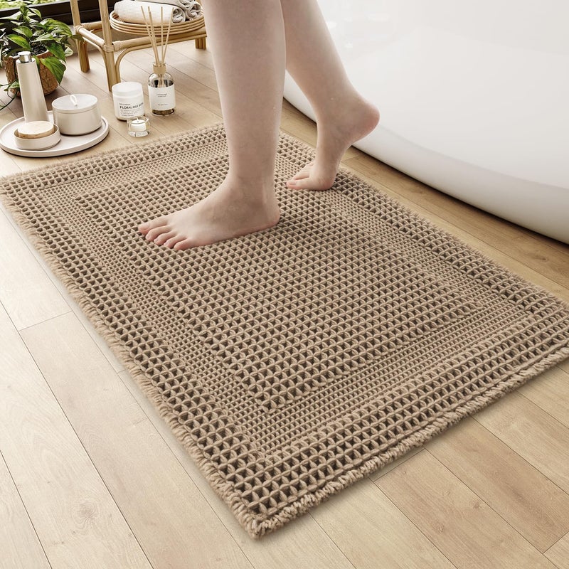 AMOAMI Waffle BathMat Absorbent Bath Mats for Bathroom Non Slip Machine Washable Bathroom Rugs with Tassels Ultra Soft Boho Bath Rugs for Floor 17x24 Beige