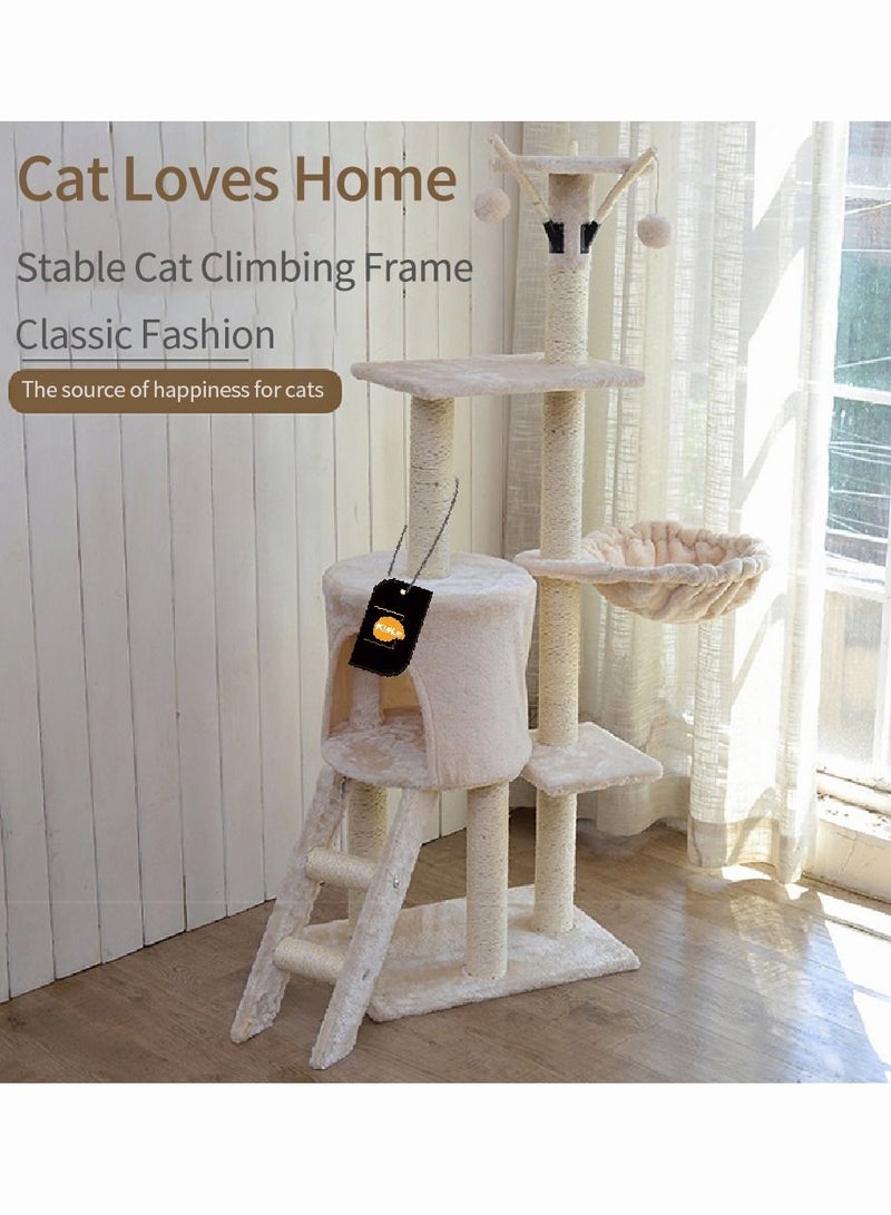 Cat Play Tower Cat Toy Multi Level Platform Cat Tree Sisal Pillar Large Cat Climbing Frame Cat Nest Luxury Cat Scratch Post Cat Tree 50x36x138 Cm Beige