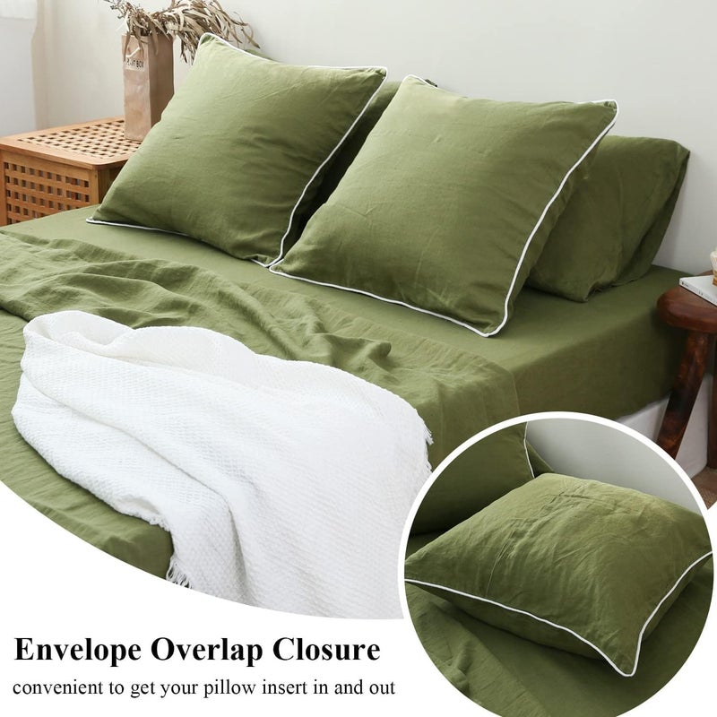 Simple&Opulence 100% Linen Euro Sham Covers with Piping Trim, 26"x26" Pillow Cover Set of 2, Breathable Pillow Shams for Bed Couch Decorative Cushions, Olive Green - Image 4
