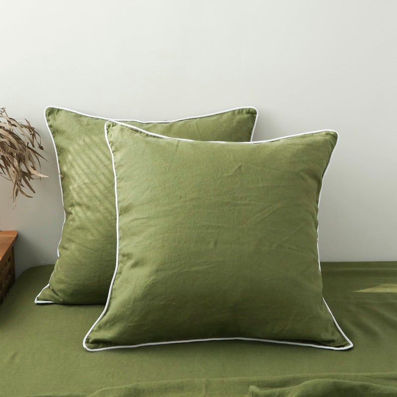 Simple&Opulence 100% Linen Euro Sham Covers with Piping Trim, 26"x26" Pillow Cover Set of 2, Breathable Pillow Shams for Bed Couch Decorative Cushions, Olive Green - Image 1