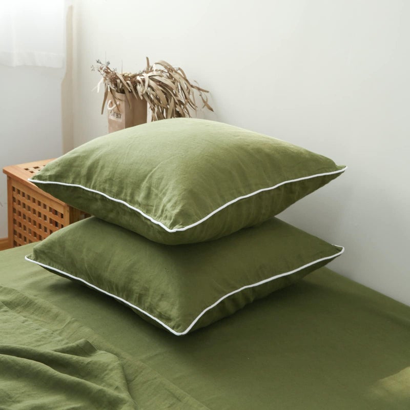 Simple&Opulence 100% Linen Euro Sham Covers with Piping Trim, 26"x26" Pillow Cover Set of 2, Breathable Pillow Shams for Bed Couch Decorative Cushions, Olive Green - Image 2