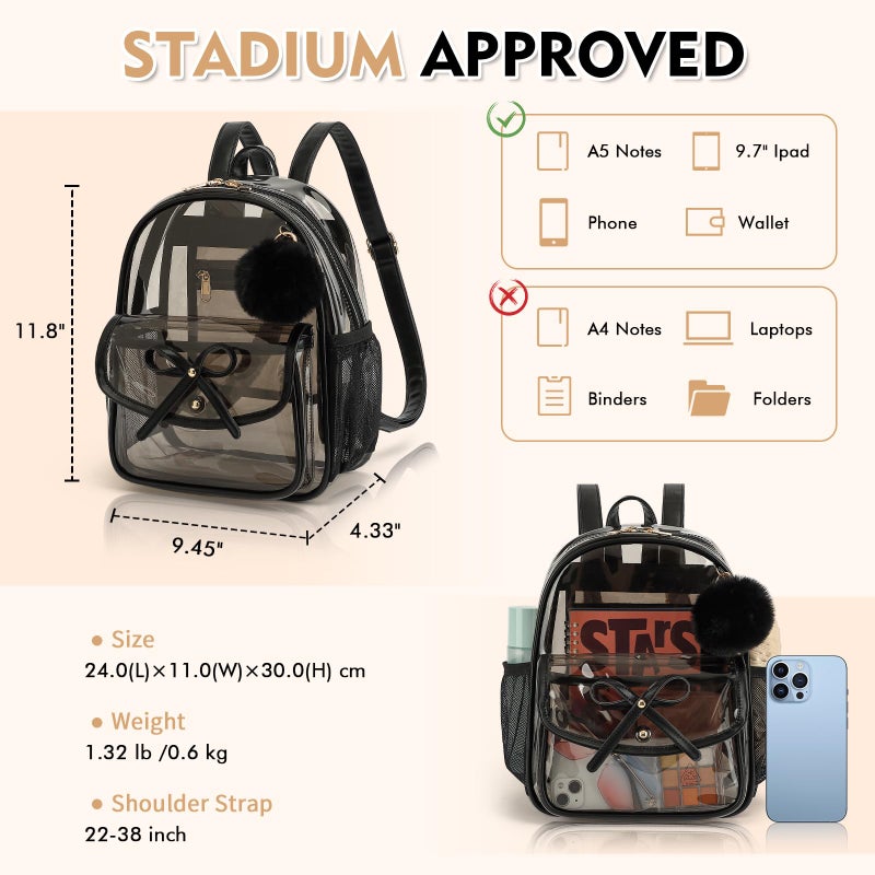 ASKSKY Clear Backpack for Stadium Events 12x12x6, Thick PVC Small Clear Bag with Leather Trim Fashion Women Backpack for Concerts, Sports, Festivals, Work, Travel-Black - Image 3