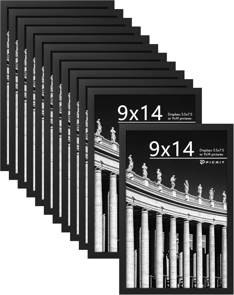 Picrit 9x14 Picture Frame Set of 12, Display 6x8 with Mat or 9x14 Without Mat, Photo Frames for Wall Mounting or Table Top Display, Black. - Image 1