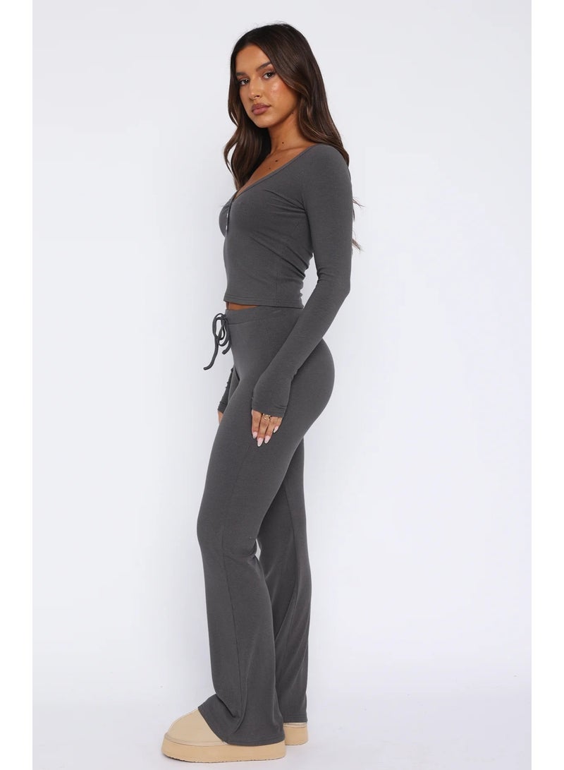 NIBEMINENT Women's Long Sleeve T-shirt And Elastic Waist Pants Two Pieces Set  Premium Solid Color Casual Daily Slim Fit Fashion Sets - Image 2