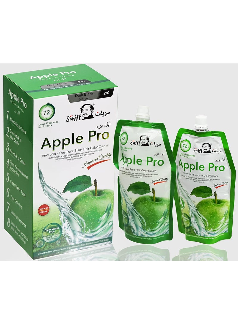 Swift Apple Pro Ammonia Free Dark Black Hair Color Cream 2/0 500mlx2