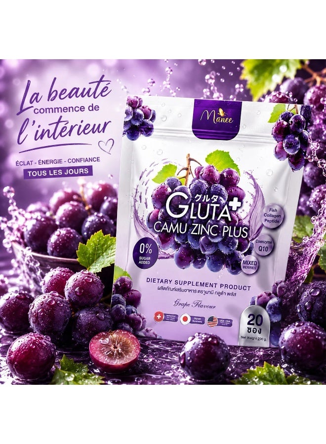 Manee Gluta Camu Zinc Plus Dietary Supplement, Grape Flavour, 0% Sugar Added, 300g - Image 2