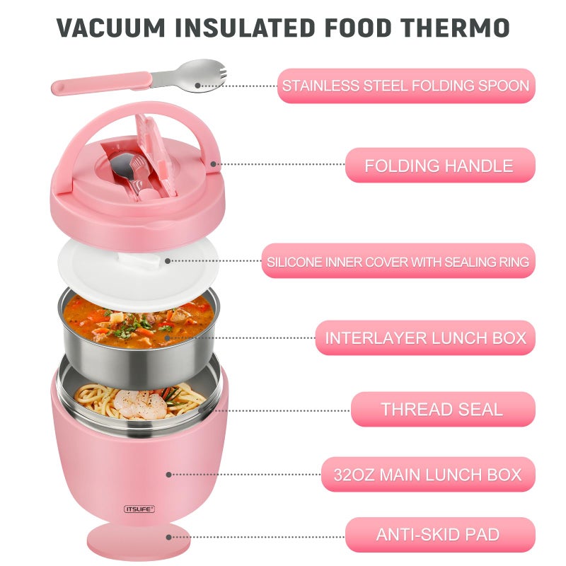 ITSLIFE Soup Thermo for Hot Food Adults 32OZ Lunch Containers Wide Mouth Hot Food Jar Vacuum Insulated Stainless Steel Bento Box Leakproof with Spoon (Light Pink) - Image 2