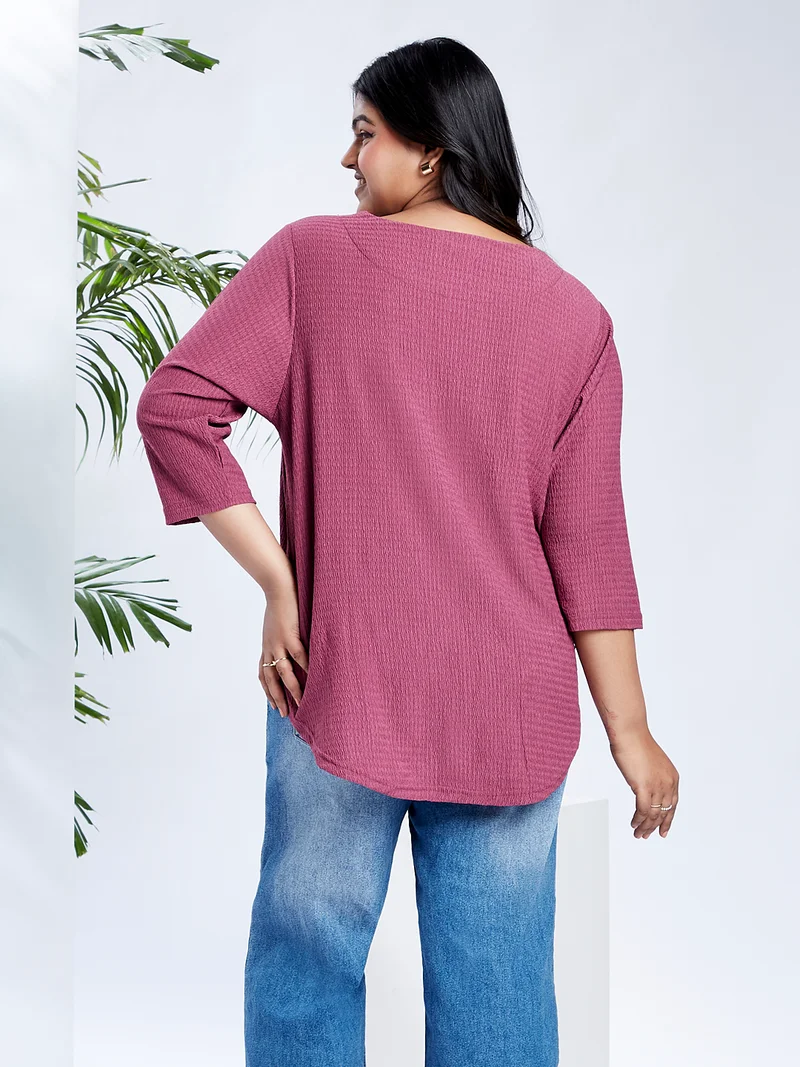 جلو باص Gloplus Women Maroon V-Neck Self Design Curved Hem Plus Size Workwear Top