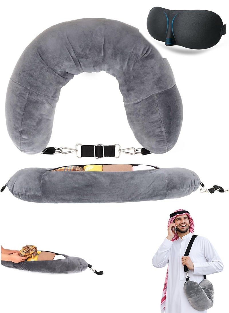 Multifunctional Stuffable U-Shaped Travel Neck Pillow with Storage, Transformable Carry-On Bag, Includes 3D Eye Mask, 18 × 90 cm, Grey - Image 1