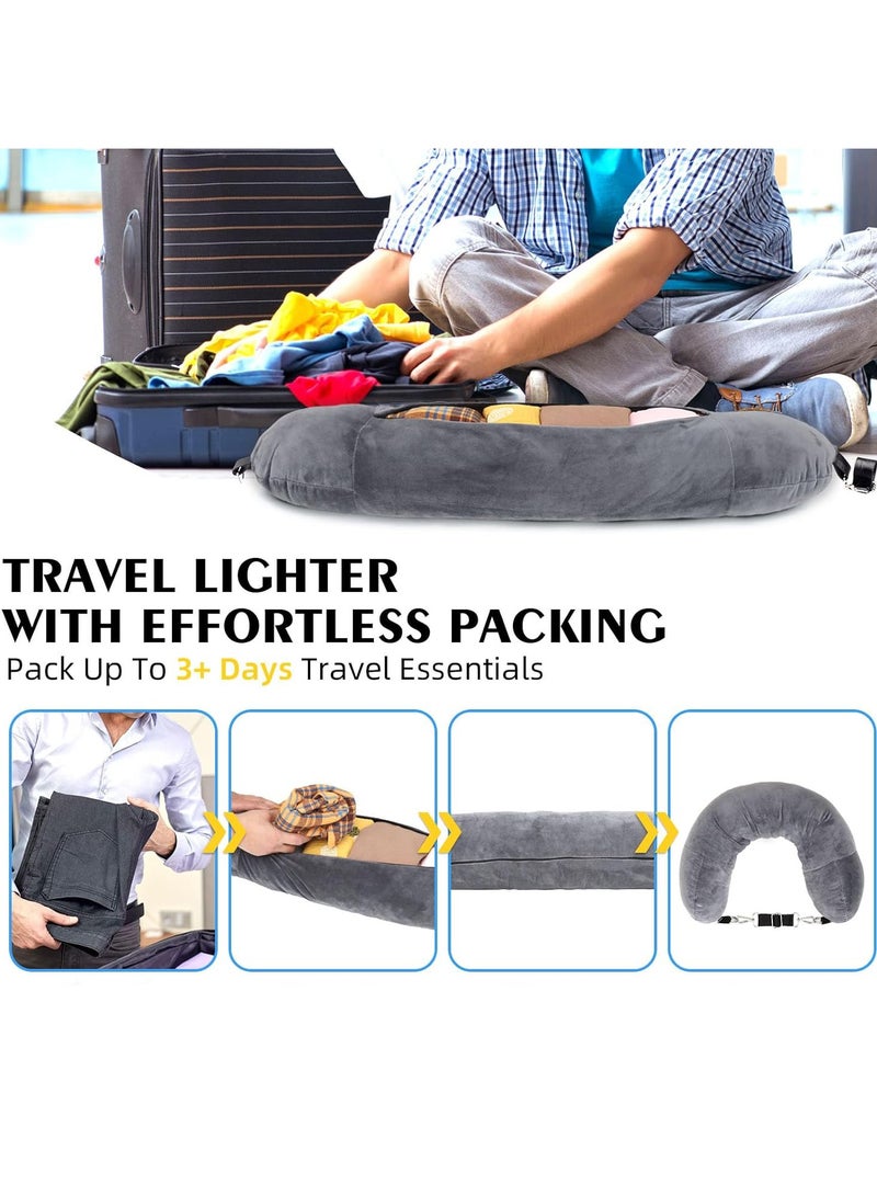 Multifunctional Stuffable U-Shaped Travel Neck Pillow with Storage, Transformable Carry-On Bag, Includes 3D Eye Mask, 18 × 90 cm, Grey - Image 2