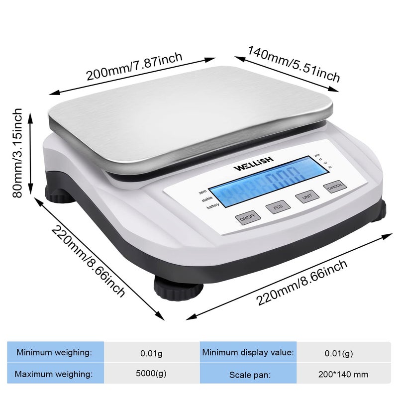 WELLiSH Lab Scale 5000g/0.01g High Precision Digital Scale Analytical Balance Electronic Scale for Kitchen Lab Weighing - Image 2