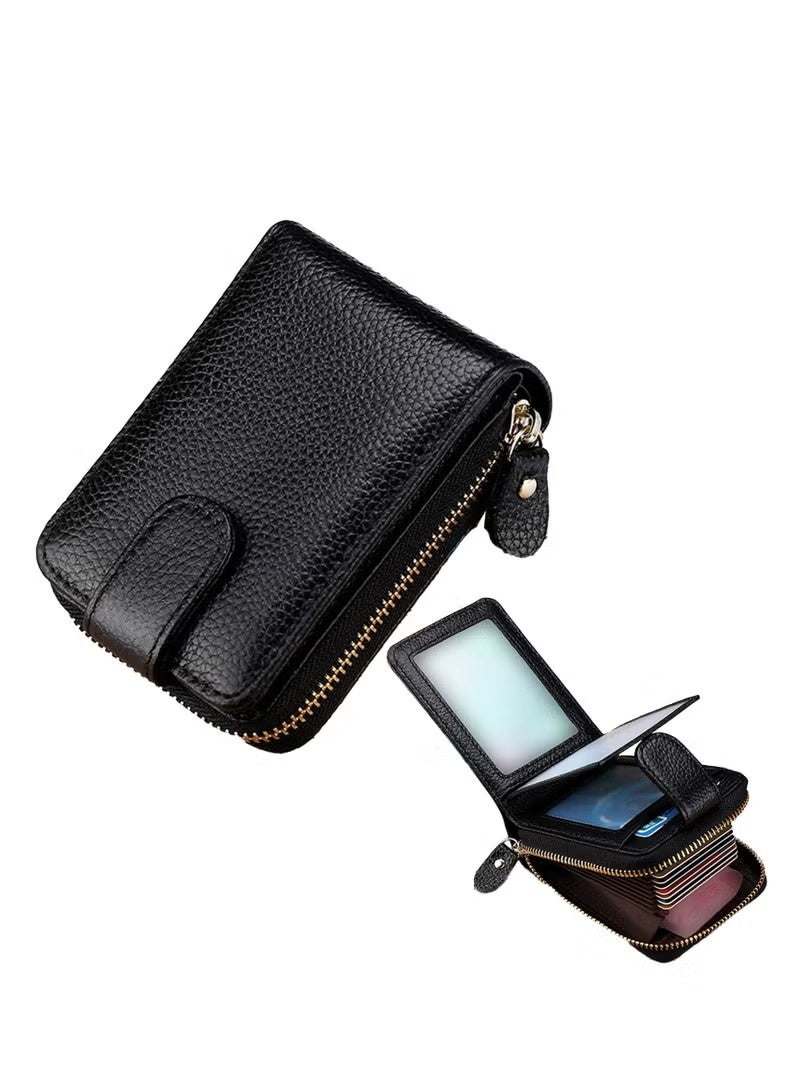 Women Men Card Case Wallet PU Leather Pocket Wallet Credit Card Organizer Zip Card Holder（Black） - Image 1