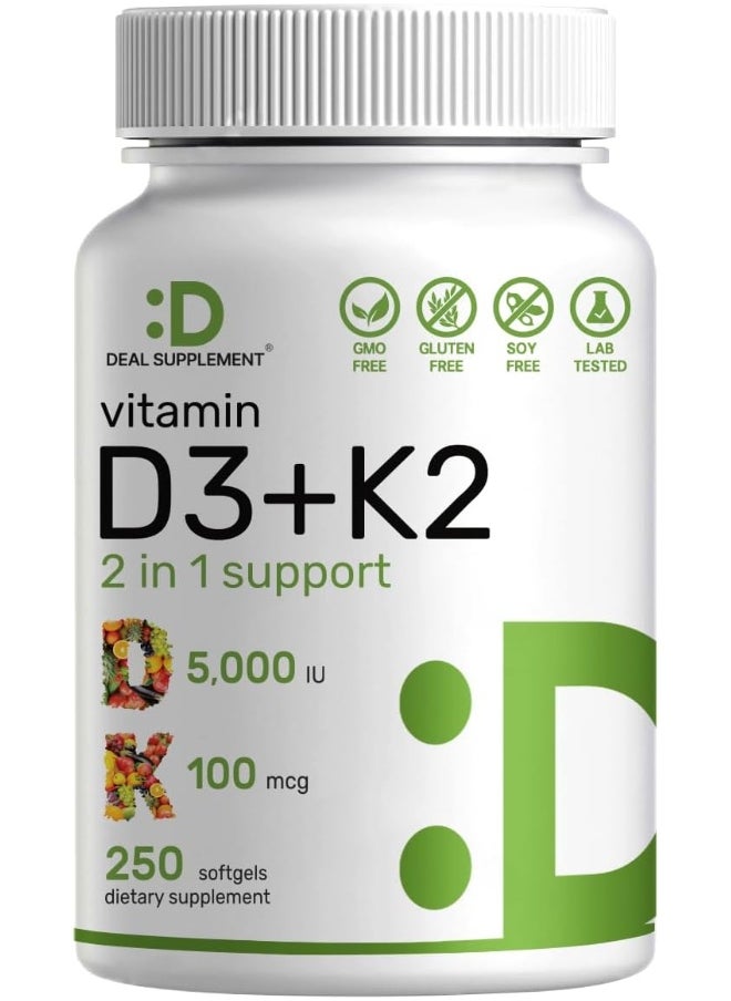 DEAL SUPPLEMENT Vitamin D3 K2 Softgel, 250 Count, 2-1 Complex, Vitamin D3 5000 Iu & Vitamin K2 Mk7  - Image 1