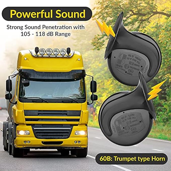 SEGER Trumpet Car Horn Set  Highlow Tone 12 Volt Universal Fit 60B Series 12V Loud Horn With Brackets - Image 3
