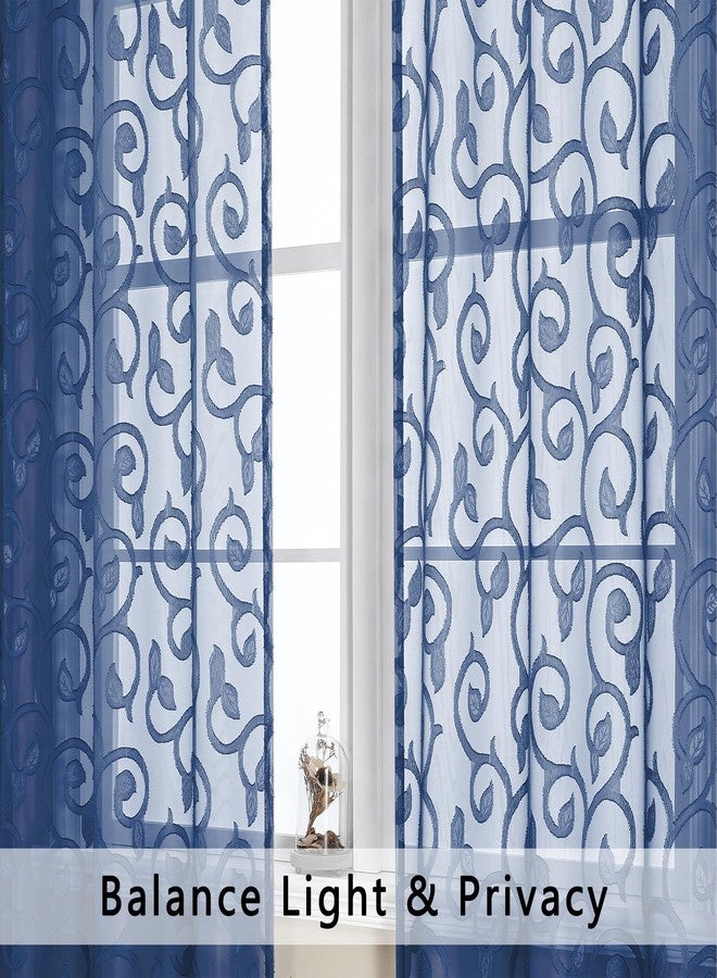 OWENIE ستائر OWENIE Furman الشفافة، طول 63 بوصة، مناسبة لغرفة النوم وغرفة المعيشة، طقم من لوحتين، ستائر جاكار بنقشة شبه شفافة، ستائر ريفية بجيب للعمود، لون أزرق، 40 عرض × 63 طول بوصة - Image 3