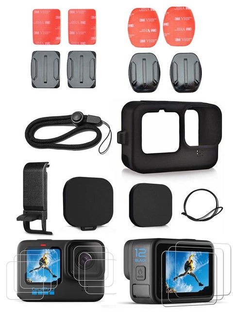 غطاء سيليكون أسود للكاميرا الرياضية موديلات 12/11/10/9، يشمل غطاء جانبي للبطارية، واقيات شاشة، أغطية عدسات، حزام، ووسادات لاصقة