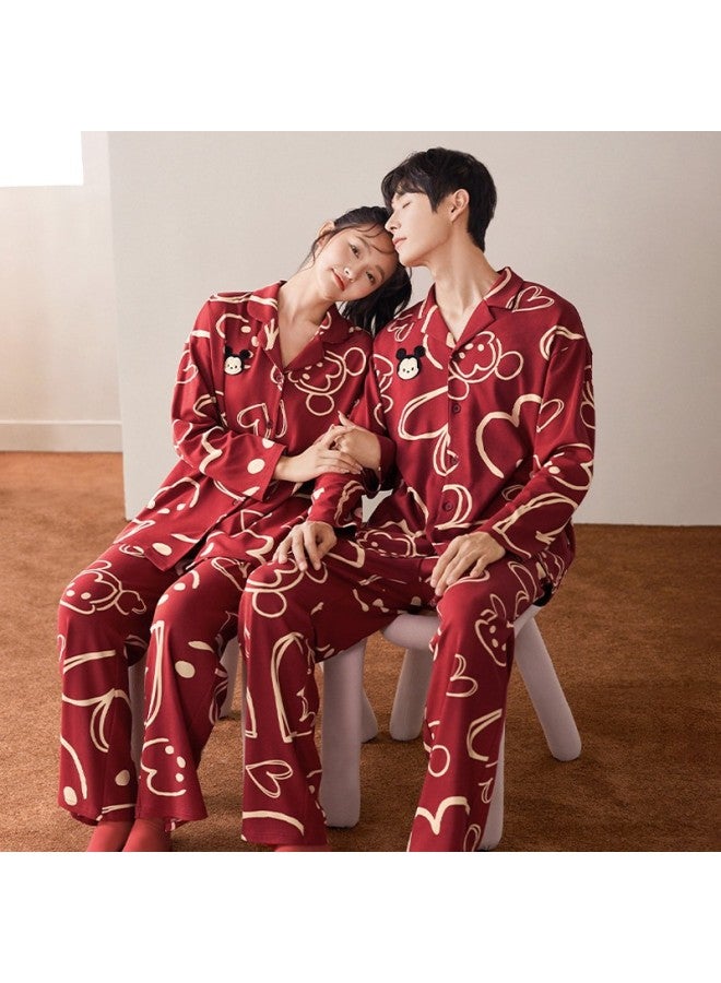 Bejirog Cartoon Red Wedding And New Year Home Wear Set For Couples, Spring And Autumn Cotton Men's And Women's Pajamas - Image 4