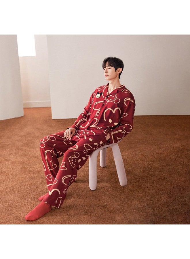 Bejirog Cartoon Red Wedding And New Year Home Wear Set For Couples, Spring And Autumn Cotton Men's And Women's Pajamas - Image 3