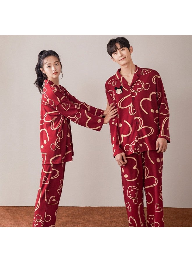 Bejirog Cartoon Red Wedding And New Year Home Wear Set For Couples, Spring And Autumn Cotton Men's And Women's Pajamas - Image 2