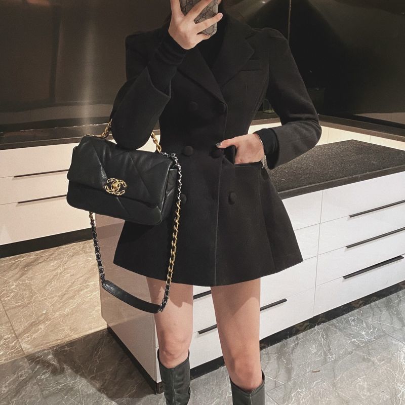 2022 Autumn Winter Chic Tweed Dress Coat Black [quilt]] - Image 1