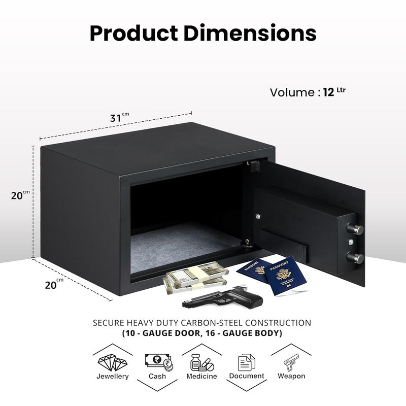 Equal خزنة SecureLite 12 لتر للاستخدام المنزلي خزنة إلكترونية اقتصادية مع إمكانية الوصول عبر رمز سري قابل للبرمجة ومفتاح طوارئ ميكانيكي ضمان محدود لمدة 3 سنوات 12 لتر أسود - Image 2