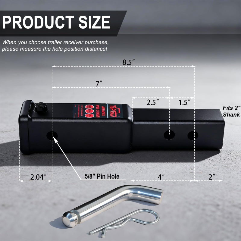 TOPTOW Trailer Hitch Extender, Fits for 2 inch Hitch Receiver, 7-inch and 8 1/2-inch Extension Length, with 5/8 inch Hitch Pin and Clip, Anti-Rattle Bolt Included - Image 3