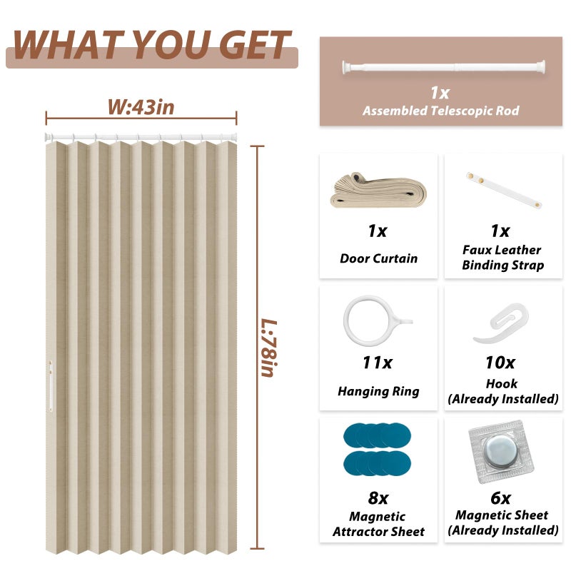 gonnrly Accordion Door Curtain - 100% Light-Blocking Bedroom Door Curtain with Included Rod for Easy Installation, Suitable for Doorway Privacy Beige 43" W x 78" L - Image 2