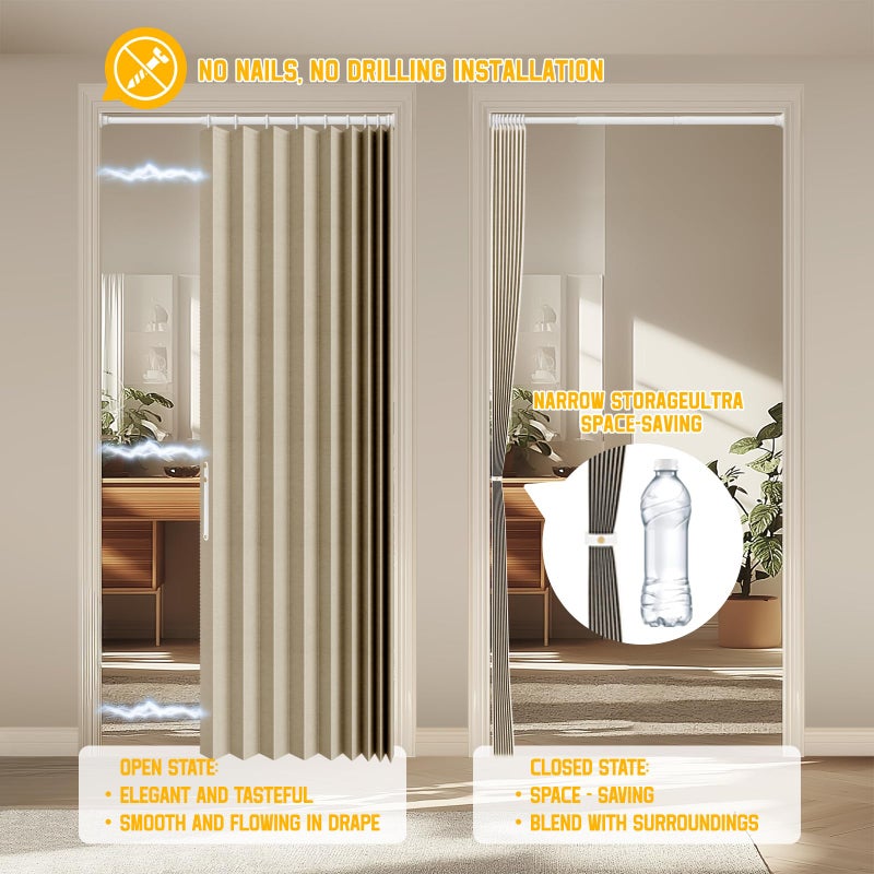 gonnrly Accordion Door Curtain - 100% Light-Blocking Bedroom Door Curtain with Included Rod for Easy Installation, Suitable for Doorway Privacy Beige 43" W x 78" L - Image 3