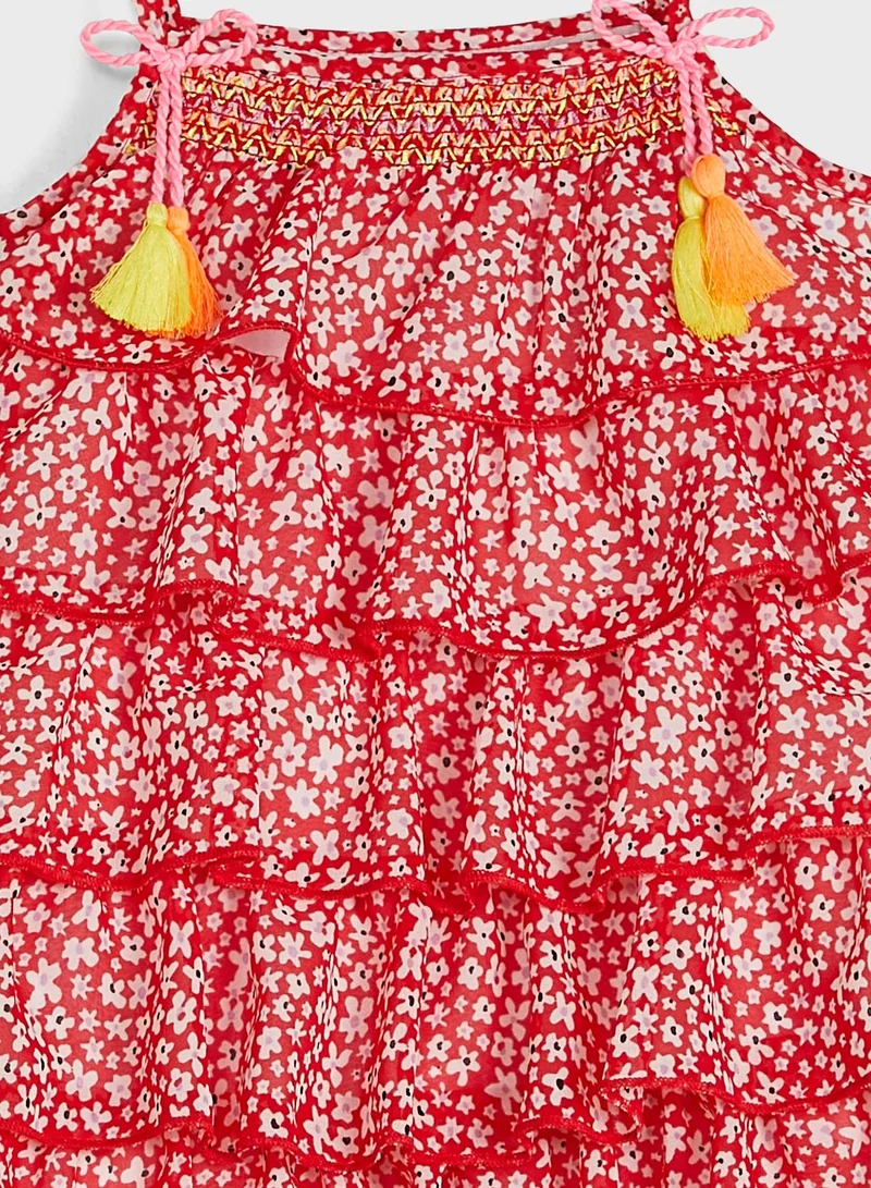 Nautinati Red Floral Printed Layered A-Line Dress