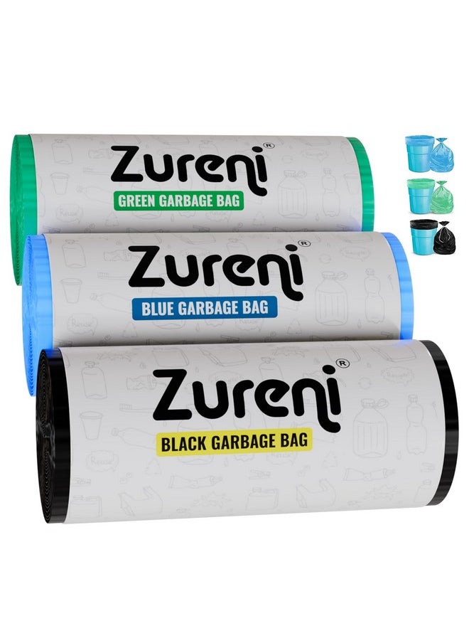 Zureni Zureni Garbage Dustbin Bags (Large, 60 x 81 cm or 24" x 32") Drawstring Anti-drip Trash Waste Basket Bag for Kitchen Office Warehouse Pantry (Black, Green, Blue, 3 x 15 Pcs/Roll)  - Image 1