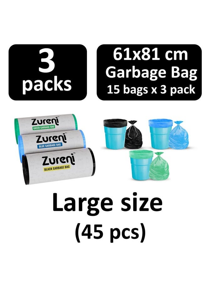 Zureni Zureni Garbage Dustbin Bags (Large, 60 x 81 cm or 24" x 32") Drawstring Anti-drip Trash Waste Basket Bag for Kitchen Office Warehouse Pantry (Black, Green, Blue, 3 x 15 Pcs/Roll)  - Image 2