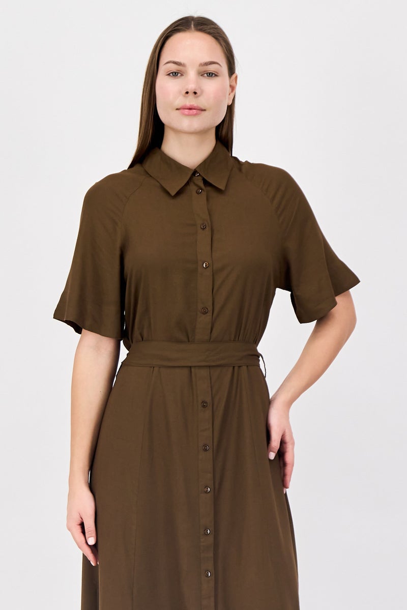 ANNE KLEIN فستان ميدي كاجوال نسائي سادة، بني - Image 4