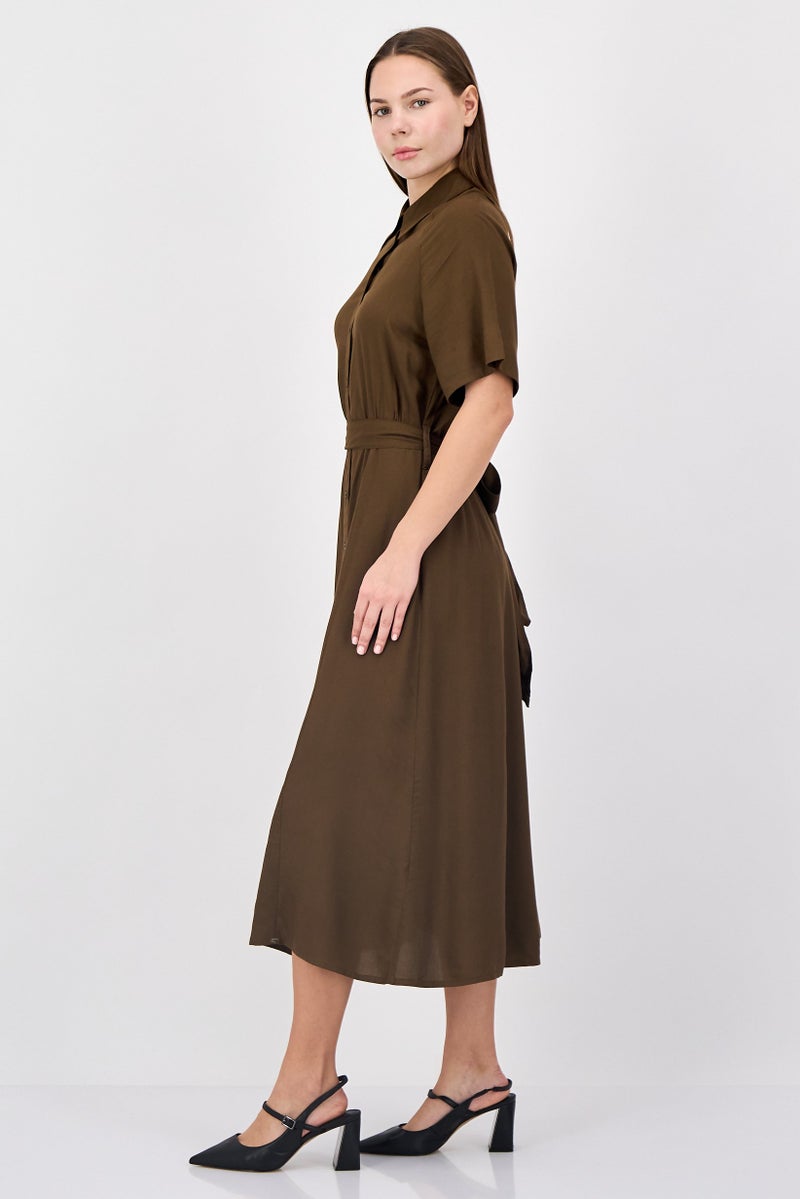 ANNE KLEIN فستان ميدي كاجوال نسائي سادة، بني - Image 2