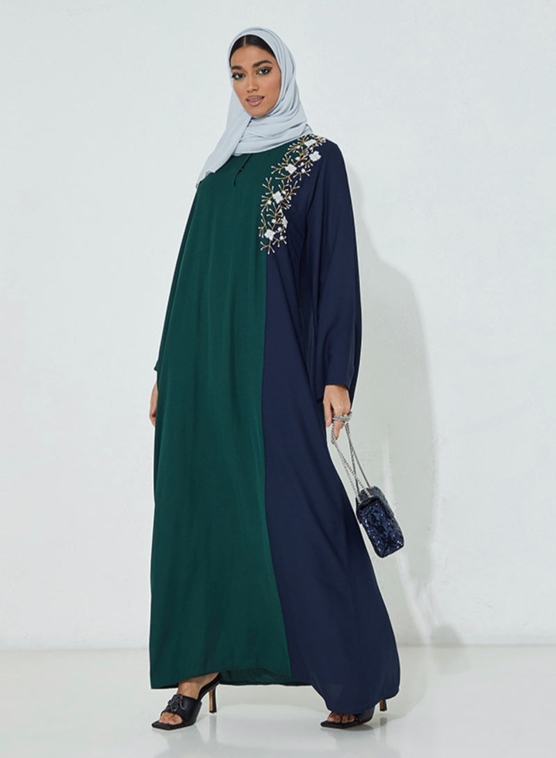 Rosette Abaya Stylish Abaya With two colors & hand flowers embroidery - Image 1