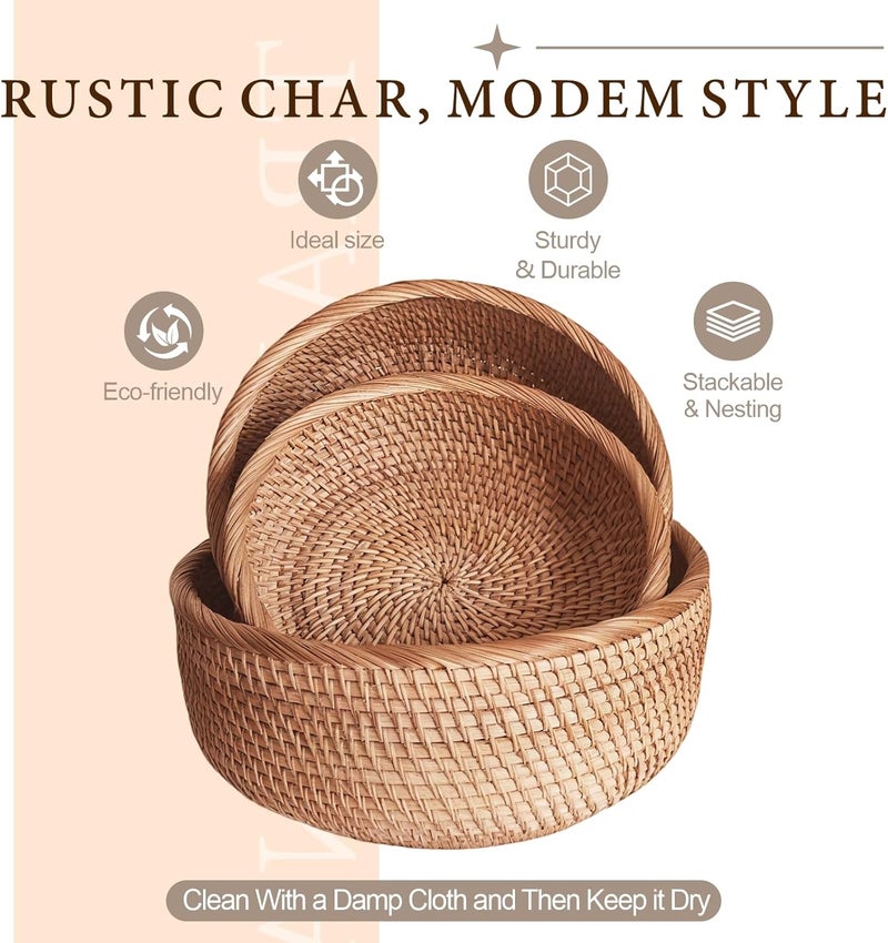 Oavostd Rattan Bread Baskets for Serving, Hand Woven Food Baskets, Natural Wicker Fruit Basket for Kitchen Counter, Decorative Bread Baskets for Gifts, Snacks, Candies, Nuts, Keys, Wallets, etc.(Round-Combo) - Image 5