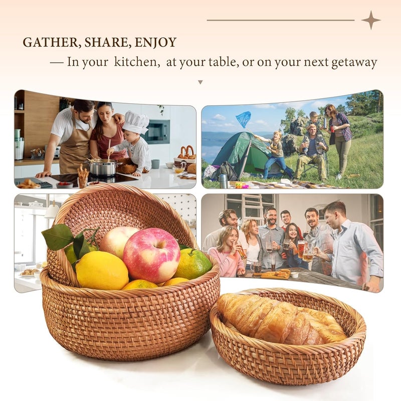 Oavostd Rattan Bread Baskets for Serving, Hand Woven Food Baskets, Natural Wicker Fruit Basket for Kitchen Counter, Decorative Bread Baskets for Gifts, Snacks, Candies, Nuts, Keys, Wallets, etc.(Round-Combo) - Image 2