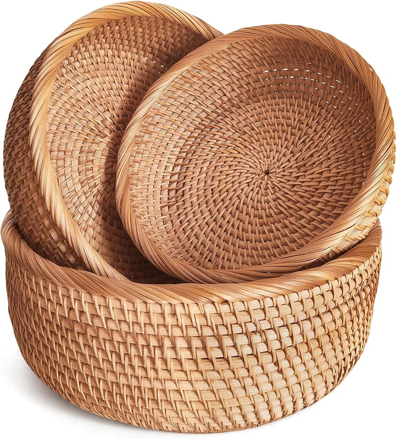 Oavostd Rattan Bread Baskets for Serving, Hand Woven Food Baskets, Natural Wicker Fruit Basket for Kitchen Counter, Decorative Bread Baskets for Gifts, Snacks, Candies, Nuts, Keys, Wallets, etc.(Round-Combo) - Image 1