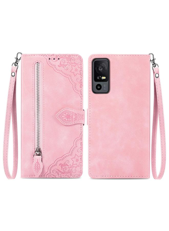 Green Tiger For TCL 40 XE Embossed Flower Zipper Leather Phone Case(Pink)