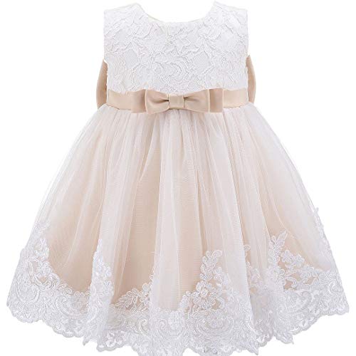 Bow Dream Baby Flower Girl Dresses Lace Bowknot Wedding Pageant Formal Tutu Gown Champagne 6-12 Months - Image 2