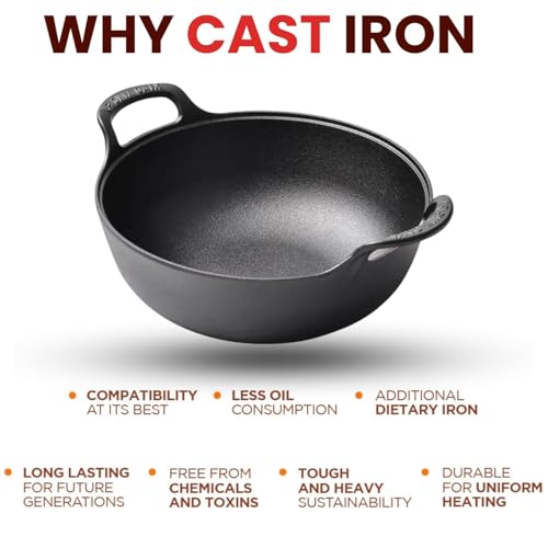 Home Essentials HomeEssentials Cast Iron Kadai with Lid/Pre Seasoned Iron Kadai with 2 Handles and Flat Base/Iron Kadhai for Cooking/Uncoated Wok for Electric Induction (with Glass Lid 27cm), Black - Image 4