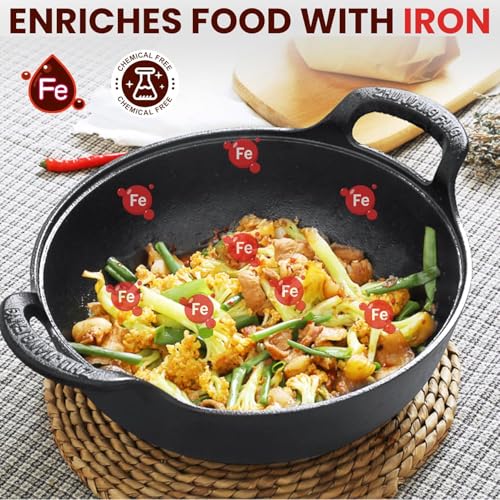 Home Essentials HomeEssentials Cast Iron Kadai with Lid/Pre Seasoned Iron Kadai with 2 Handles and Flat Base/Iron Kadhai for Cooking/Uncoated Wok for Electric Induction (with Glass Lid 27cm), Black - Image 2