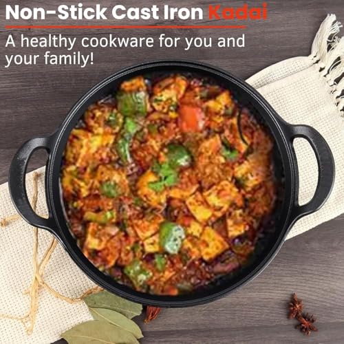 Home Essentials HomeEssentials Cast Iron Kadai with Lid/Pre Seasoned Iron Kadai with 2 Handles and Flat Base/Iron Kadhai for Cooking/Uncoated Wok for Electric Induction (with Glass Lid 27cm), Black - Image 5