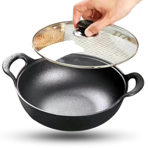 Home Essentials HomeEssentials Cast Iron Kadai with Lid/Pre Seasoned Iron Kadai with 2 Handles and Flat Base/Iron Kadhai for Cooking/Uncoated Wok for Electric Induction (with Glass Lid 27cm), Black - Image 1