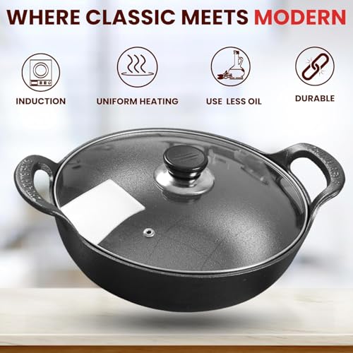 Home Essentials HomeEssentials Cast Iron Kadai with Lid/Pre Seasoned Iron Kadai with 2 Handles and Flat Base/Iron Kadhai for Cooking/Uncoated Wok for Electric Induction (with Glass Lid 27cm), Black - Image 3