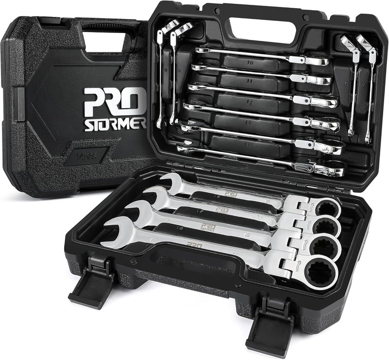 Prostormer 14-Piece Metric Flex-Head Ratcheting Wrench Set, 6-19mm Combination Wrench Kit with Storage Case, 72 Tooth, Cr-V Steel Constructed - Image 1