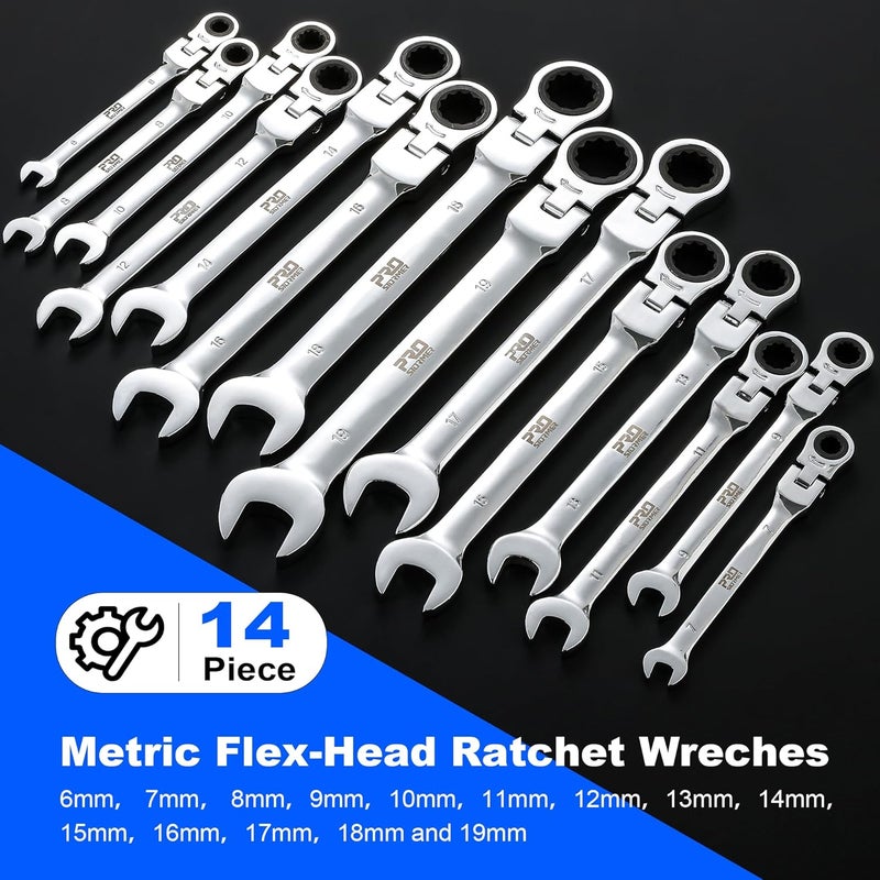 Prostormer 14-Piece Metric Flex-Head Ratcheting Wrench Set, 6-19mm Combination Wrench Kit with Storage Case, 72 Tooth, Cr-V Steel Constructed - Image 2